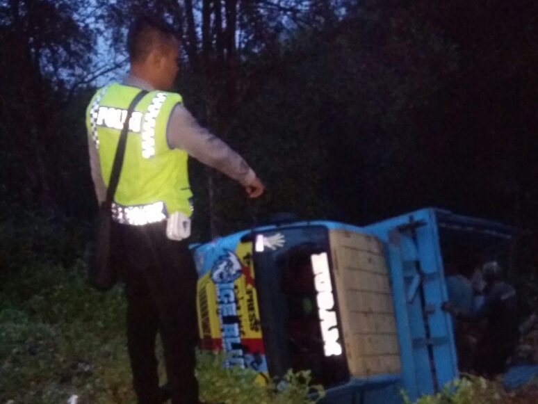 Truk Bermuatan Kayu Terguling di Pupuan