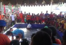 Antusias Anak Sekolah Dasar di Gianyar Mengikuti Lomba Menangkap Ikan Lele