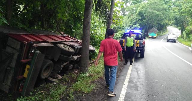 Diduga Sopir Ngantuk, Truk Bermuatan Sabut Kelapa Terperosok