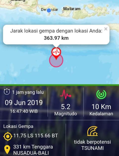 Gempa 5,2 Guncang Selatan Bali, Tak Berpotensi Tsunami