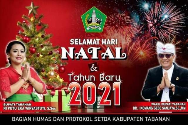 Ucapkan Selamat Natal dan Tahun Baru 2021, Bupati dan Wakil Bupati Tabanan Ajak Masyarakat Disiplin Terapkan Prokes