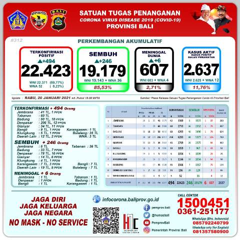 Update Covid-19, Rabu 20 Januari: Kasus Baru Bertambah 494, Sembuh 246 Orang