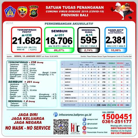 Update Covid-19, Senin 18 Januari: Kasus Baru Bertambah 238, Sembuh 196 Orang, 4 Meninggal Dunia