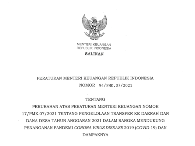 Terbitkan PMK 94/2021, Pemerintah Dorong Percepatan Pelaksanaan Anggaran Daerah Guna Penanganan COVID-19