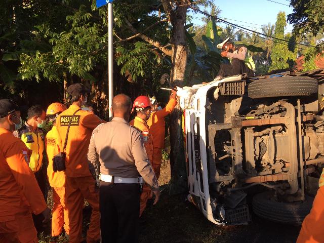 Truk Tabrak Pohon Perindang di Melaya