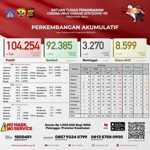 Update Covid-19 di Bali, Kasus Sembuh Bertambah 838 Orang, Terkonfirmasi 746 Orang