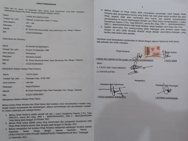 Ini Surat Perdamaian Kasus Temukan HP Jadi Pencurian di Tabanan