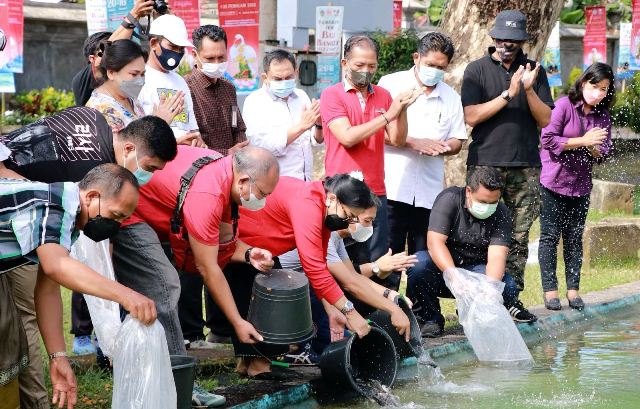 Ny Putri Suastini Koster Menebar Bibit Ikan di Kolam Art Center