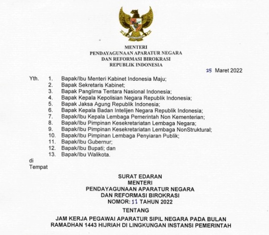 Inilah Jam Kerja ASN Selama Bulan Ramadan 1443 H