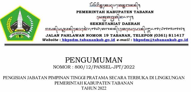 Pemkab Tabanan Buka Lowongan 3 Jabatan Pimpinan Tinggi Pratama