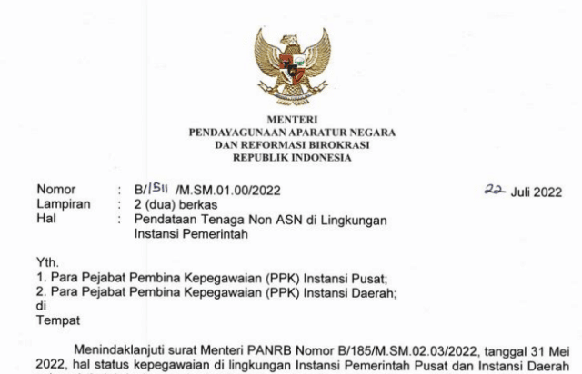 Kementerian PANRB Minta Instansi Sampaikan Data Pegawai Non-ASN Paling Lambat 30 September