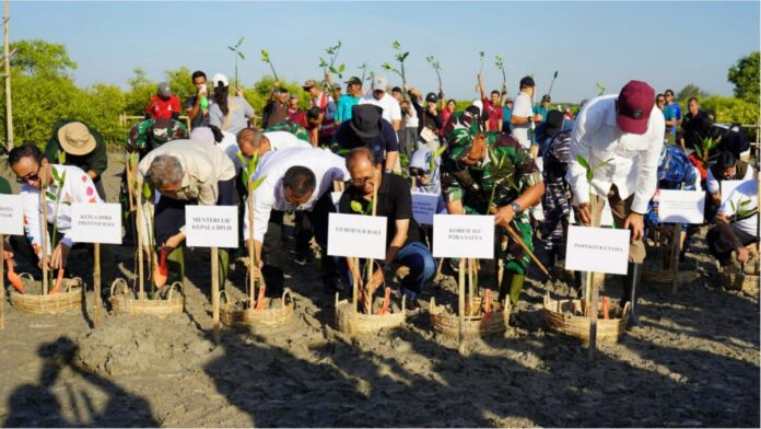Menteri Lingkungan Hidup Mohammad Jumhur Hidayat dan Gubernur Bali Wayan Koster melakukan penanaman mangrove