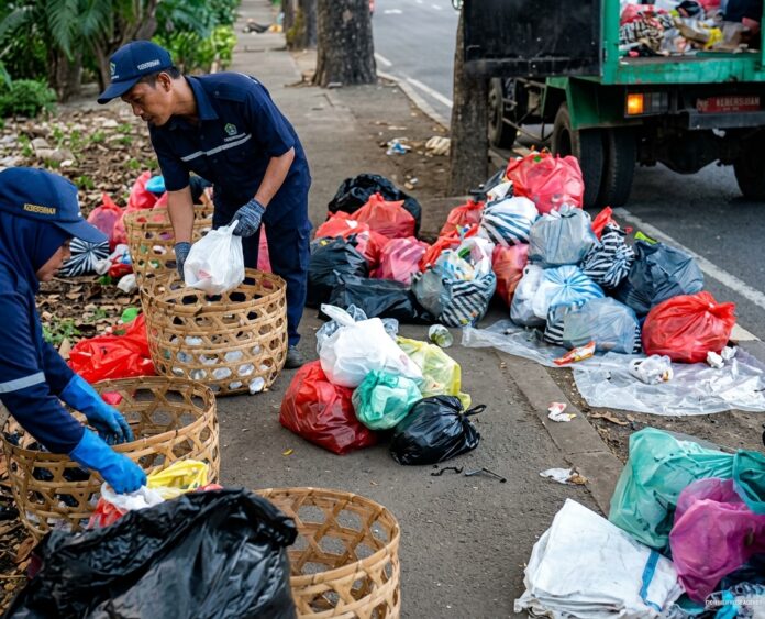 Petugas DLH Tabanan membersihkan sampah di By Pass Ir. Soekarno